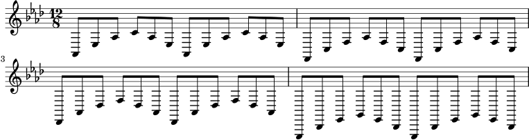 \relative c {
\time 12/8
\key aes \major
aes8 ees' aes c aes ees aes, ees' aes c aes ees |
f, c' f aes f c f, c' f aes f c |
des, aes' des f des aes des, aes' des f des aes |
ees, bes' ees g ees bes ees, bes' ees g ees bes |
}