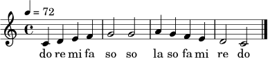 
\relative c' {
  \clef treble
  \key c \major
  \time 4/4
  \tempo 4 = 72
  c4 d e f | g2 g | a4 g f e | d2 c \bar "|."
}
\addlyrics { do re mi fa so so la so fa mi re do }
