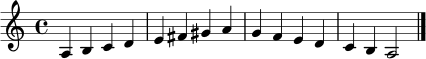 \relative c' { \clef treble \key a \minor \time 4/4 a4 b c d e fis gis a g f e d c b a2 \bar "|." }