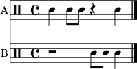 \paper { indent = 0\mm }
\score {
<<
\new Staff \with { instrumentName = #"A" } { \clef percussion \time 4/4 c'4 c'8 c'8 r4 c'4 \bar "|." }
\new Staff \with { instrumentName = #"B" } { \clef percussion \time 4/4 r2 c'8 c'8 c'4 \bar "|." }
>>
\layout { }
\midi { \tempo 4 = 82 }
}