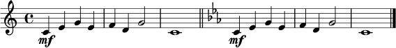 \relative c' {
\clef treble
\time 4/4
\key c \major
c4\mf e g e |
f4 d g2 |
c,1 \bar "||"
\key c \minor
c4\mf ees g ees |
f4 d g2 |
c,1 \bar "|."
}