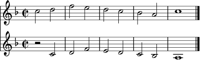 
<<
  \new Staff = "Discantus" \relative c'' {
    \key f \major
    \time 2/2
    c2 d f e | d c bes a | c1 \bar "|."
  }
  \new Staff = "Altus" \relative c' {
    \key f \major
    \time 2/2
    r2 c d f | e d c bes | a1 \bar "|."
  }
>>
