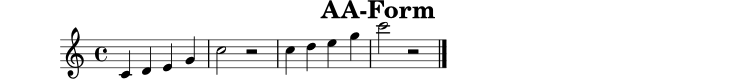 \version "2.22.0"
\header { title = "AA-Form" tagline = "" }
\score {
\relative c' { \clef treble \key c \major \time 4/4 c4 d e g | c2 r2 | c4 d e g | c2 r2 \bar "|." }
\layout { }
\midi { \tempo 4 = 92 }
}