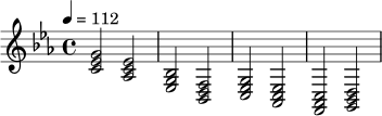 \relative c' {
\key c \minor
\time 4/4
\tempo 4 = 112
<c ees g>2 <aes c ees> |
<ees g bes>2 <bes d f> |
<c ees g>2 <aes c ees> |
<f aes c>2 <g bes d> |
}