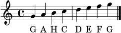 
\version "2.22.0"
\language "deutsch"
\score {
  <<
    \new Staff { \new Voice = "melodie" { \clef treble \time 4/4 g'4 a' h' c'' d'' e'' f'' g'' \bar "|." } }
    \new Lyrics \lyricsto "melodie" { G A H C D E F G }
  >>
  \layout { }
  \midi { \tempo 4 = 84 }
}
