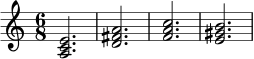 \relative c' {
\key a \minor
\time 6/8
<a c e>2. |
<d fis a>2. |
<f a c>2. |
<e gis b>2. |
}