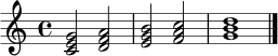 \relative c' {
\clef treble
\key c \major
\time 4/4
\set Staff.midiInstrument = "acoustic grand"
<c e g>2 <d f a> | <e g b>2 <f a c> | <g b d>1 \bar "|."
}