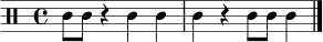 
\relative c' { \clef percussion \time 4/4 \repeat volta 2 { c8 c r4 c4 c | c4 r c8 c c4 } \bar "|." }
