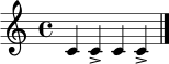\relative c' {
\time 4/4
c4 c4-> c4 c4->
\bar "|."
}