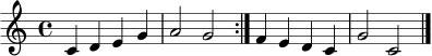 
\relative c' {
  \clef treble
  \key c \major
  \time 4/4
  \repeat volta 2 { c4 d e g | a2 g }
  f4 e d c | g'2 c, \bar "|."
}
