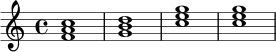 
\relative c' {
  \key c \major
  \time 4/4
  <f a c>1 | <g b d>1 | <c e g>1 | <c e g>1
}
