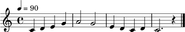 \relative c' {
\clef treble
\key c \major
\time 4/4
\tempo 4=90
c4 d e g | a2 g | e4 d c d | c2. r4 \bar "|."
}