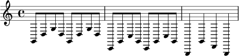 \relative c {
\time 4/4
g8 d' g d g, d' g d | c,8 g' c g c, g' c g | g,4 g' d g,
}