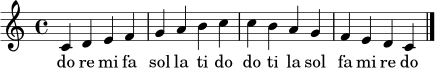 
\relative c' {
\time 4/4
\key c \major
c4 d e f | g a b c | c b a g | f e d c |
\bar "|."
}
\addlyrics { do re mi fa sol la ti do do ti la sol fa mi re do }
