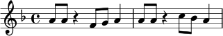 \relative c'' {
\key d \minor
\time 4/4
a8 a r4 f8 g a4 |
a8 a r4 c8 bes a4 |
}