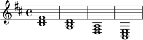 \language "deutsch"
\relative c' {
\key h \minor
\time 4/4
<h d fis>1 | <g h d>1 | <d fis a>1 | <a cis e>1 |
}