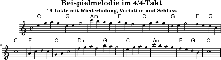 \version "2.24.0"
\paper { tagline = ##f }
\header { title = "Beispielmelodie im 4/4-Takt" subtitle = "16 Takte mit Wiederholung, Variation und Schluss" }
akkorde = \chordmode {
c1 | g1 | a1:m | f1 |
c1 | g1 | f2 g2 | c1 |
f1 | c1 | d1:m | g1 |
c1 | a1:m | f2 g2 | c1
}
melodie = \relative c'' {
\clef treble
\key c \major
\time 4/4
e4 g a g |
d4 e g2 |
c4 b a g |
a4 g f2 |
e4 g a g |
d4 e g2 |
f4 e d b |
c1 |
a4 c d c |
g4 a c2 |
f4 g a f |
b4 a g2 |
e4 g a g |
c4 b a g |
f4 e d b |
c1 \bar "|."
}
\score {
<<
\new ChordNames \akkorde
\new Staff \melodie
>>
\layout { }
\midi { \tempo 4=96 }
}