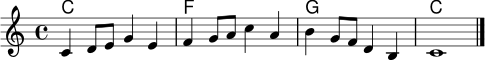 <<
\new ChordNames \chordmode { c1 f g c }
\new Staff \relative c' {
\clef treble
\key c \major
\time 4/4
c4 d8 e g4 e | f4 g8 a c4 a | b4 g8 f d4 b | c1 \bar "|."
}
>>