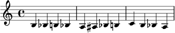 \relative c' { b4 bes b bes | a ais bes b | c b bes a }
