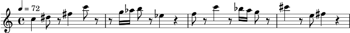 \version "2.20.0"
\score {
\new Staff \relative c'' {
\set Staff.midiInstrument = "alto sax"
\clef treble
\time 4/4
\tempo 4 = 72
c4 dis8 r fis4 c'8 r |
r8 g16 aes b8 r ees,4 r |
f8 r c'4 r8 bes16 a g8 r |
cis4 r8 e, fis4 r |
}
\layout { }
\midi { }
}