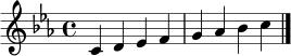 \relative c' {
\key c \minor
\time 4/4
c4 d es f
g aes bes c
\bar "|."
}