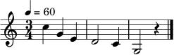 \relative c'' { \set Staff.midiInstrument = "violin" \time 3/4 \key c \major \tempo 4 = 60 c4 g e | d2 c4 | g2 r4 \bar "|." }