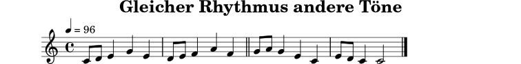 
X:8
T:Gleicher Rhythmus andere Töne
M:4/4
L:1/8
Q:1/4=96
K:C
C D E2 G2 E2 | D E F2 A2 F2 || G A G2 E2 C2 | E D C2 C4 |]
