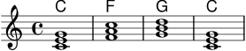 
\score {
  <<
    \new ChordNames {
      \germanChords
      \chordmode { c1 f g c }
    }
    \new Staff {
      \clef treble
      \key c \major
      \time 4/4
      <c' e' g'>1
      <f' a' c''>1
      <g' b' d''>1
      <c' e' g'>1
    }
  >>
  \layout { }
  \midi { }
}
