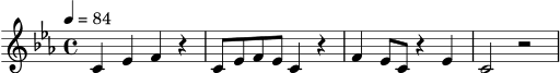 \version "2.20.0"
\score {
\new Staff \relative c' {
\set Staff.midiInstrument = "tenor sax"
\clef treble
\key c \minor
\time 4/4
\tempo 4 = 84
c4 ees f r |
c8 ees f ees c4 r |
f4 ees8 c r4 ees |
c2 r2 |
}
\layout { }
\midi { }
}