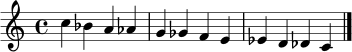\relative c'' { \clef treble \time 4/4 c4 bes a aes | g ges f e | es d des c | \bar "|." }