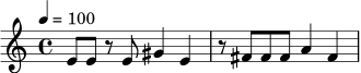 \relative c' {
\time 4/4
\tempo 4 = 100
e8 e r e gis4 e |
r8 fis fis fis a4 fis |
}