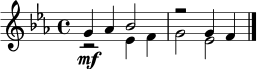 \relative c' {
\key c \minor
\time 4/4
<<
{ g'4\mf aes bes2 | r2 g4 f }
\\
{ r2 ees4 f | g2 ees2 }
>>
\bar "|."
}