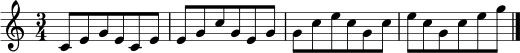 \relative c' {
\clef treble
\key c \major
\time 3/4
c8 e g e c e
e g c g e g
g c e c g c
e c g c e g
\bar "|."
}