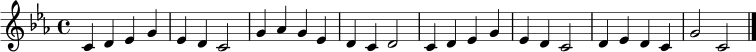 \relative c' {
\clef treble
\key c \minor
\time 4/4
c4 d es g | es d c2 | g'4 aes g es | d c d2 |
c4 d es g | es d c2 | d4 es d c | g'2 c,2 \bar "|."
}