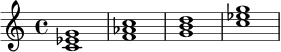 
\relative c' {
  \time 4/4
  <c ees g>1 |
  <f aes c>1 |
  <g b d>1 |
  <c ees g>1 |
}
