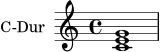 \version "2.20.0"
\header { tagline = "" }
\score {
\new Staff \with { instrumentName = "C-Dur" } {
\clef treble
\key c \major
\time 4/4
<c' e' g'>1
}
\layout { }
\midi { \tempo 4=72 }
}
