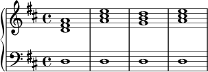\new PianoStaff <<
\new Staff {
\key d \major
\time 4/4
<d' fis' a'>1 |
<a' cis'' e''>1 |
<g' b' d''>1 |
<a' cis'' e''>1
}
\new Staff {
\clef bass
\key d \major
d1 |
d1 |
d1 |
d1
}
>>