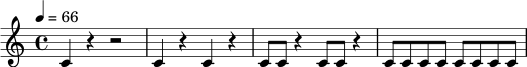 \relative c' {
\time 4/4
\tempo 4 = 66
c4 r4 r2 |
c4 r4 c4 r4 |
c8 c8 r4 c8 c8 r4 |
c8 c8 c8 c8 c8 c8 c8 c8 |
}