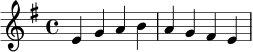 \relative c' {
\key e \minor
\time 4/4
e4 g a b |
a4 g fis e |
}