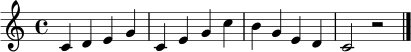 \relative c' {
\clef treble
\key c \major
\time 4/4
c4 d e g | c,4 e g c | b4 g e d | c2 r \bar "|."
}