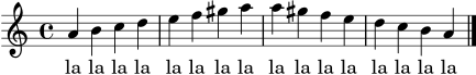 \version "2.22.0"
\header { tagline = ##f }
\score {
<<
\new Staff {
\clef treble
\key a \minor
\time 4/4
a'4 b' c'' d'' | e'' f'' gis'' a'' | a'' gis'' f'' e'' | d'' c'' b' a' \bar "|."
}
\addlyrics { la la la la la la la la la la la la la la la la }
>>
\layout { }
\midi { \tempo 4 = 68 }
}