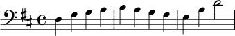 \relative c {
\key d \major
\clef bass
\time 4/4
d4 fis g a |
b4 a g fis |
e4 a d2
}