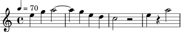 
\relative c'' {
  \key a \minor
  \time 4/4
  \tempo 4 = 70
  e4 g a2~ |
  a4 g e d |
  c2 r2 |
  e4 r4 a2 |
}
