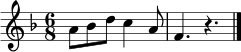 
\relative c'' {
  \key d \minor
  \time 6/8
  \set Staff.midiInstrument = "trumpet"
  a8 bes d c4 a8 |
  f4. r4. |
  \bar "|."
}
