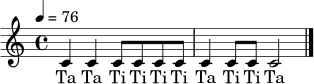 \relative c' {
\time 4/4
\tempo 4 = 76
c4 c4 c8 c c8 c | c4 c8 c c2 \bar "|."
}
\addlyrics { Ta Ta Ti Ti Ti Ti Ta Ti Ti Ta }