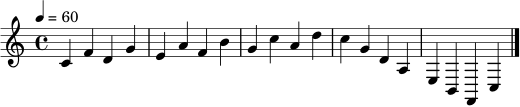 \relative c' {
\clef treble
\key c \major
\time 4/4
\tempo 4 = 60
c4 f d g |
e a f b |
g c a d |
c g d a |
e b f c' \bar "|."
}