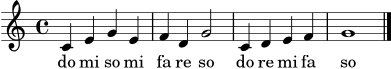 \version "2.24.0"
melodie = \relative c' {
\clef treble
\key c \major
\time 4/4
\autoBeamOff
c4 e g e | f d g2 | c,4 d e f | g1 \bar "|."
}
silben = \lyricmode { do mi so mi fa re so do re mi fa so }
\score {
<<
\new Voice = "melodie" { \melodie }
\new Lyrics \lyricsto "melodie" { \silben }
>>
\layout { }
\midi { \tempo 4 = 80 }
}