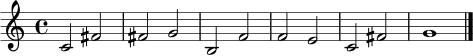 \relative c' { \time 4/4 c2 fis | fis g | b, f' | f e | c fis | g1 \bar "|." }