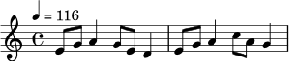 \version "2.24.0"
\relative c' {
\key c \major
\time 4/4
\tempo 4 = 116
e8 g a4 g8 e d4 |
e8 g a4 c8 a g4 |
}