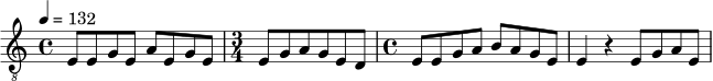 \relative c {
\clef "treble_8"
\tempo 4 = 132
\time 4/4
e8 e g e a e g e |
\time 3/4
e8 g a g e d |
\time 4/4
e8 e g a b a g e |
e4 r4 e8 g a e |
}